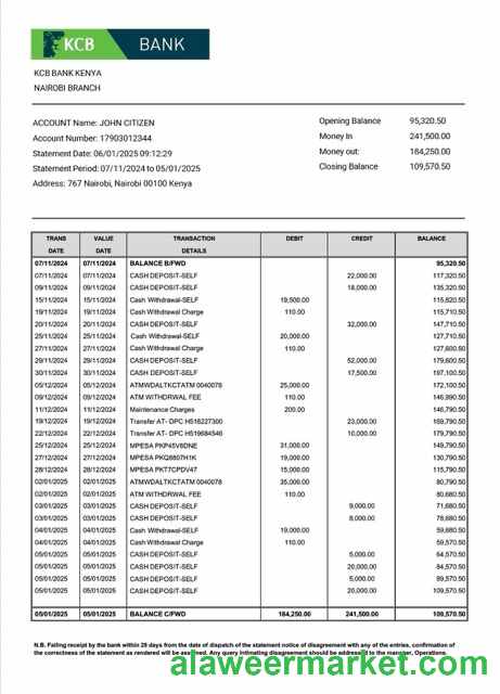Kenya KCB Bank account statement Word and PDF template